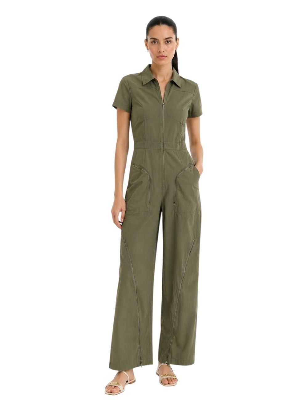 SHEIN Olive Green Zip Front Utility Jumpsuit – Short Sleeve Wide Leg, Size S.